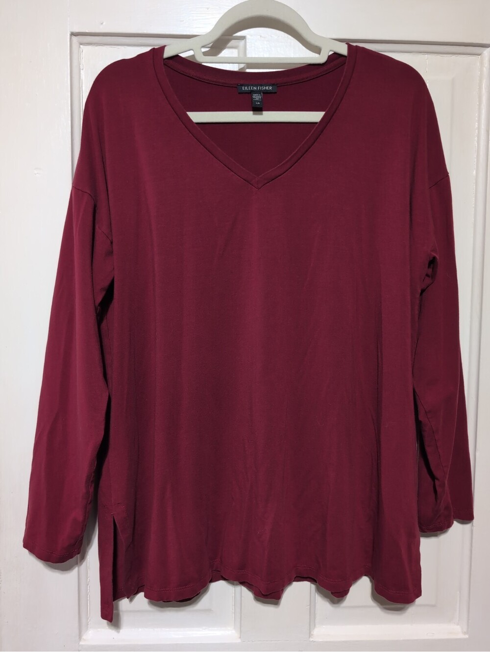 Eileen Fisher Cranberry V-Neck Long Sleeve Boxy Top Luxury Woman's L(1652)G